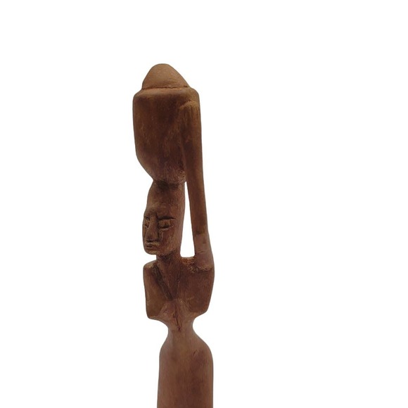 2 African Tribal Art Hand Carved Wood Figures Woman Pot on Head Man w/ Drum 12" - Picture 7 of 10